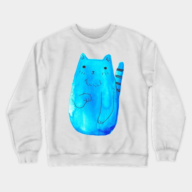 Striped Tail Blue Watercolor Cat Crewneck Sweatshirt by saradaboru